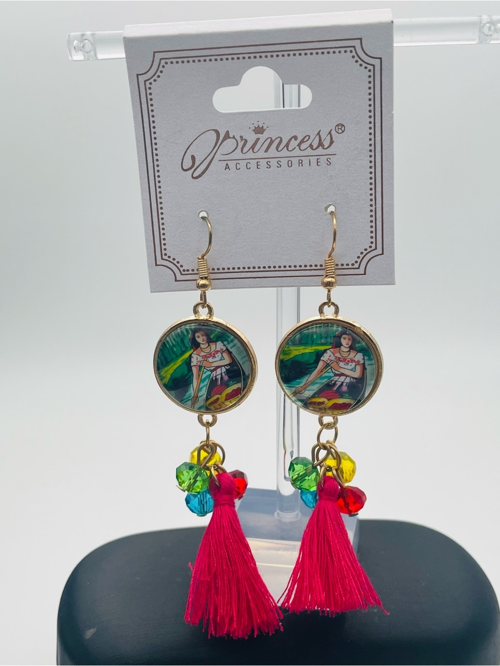 Princess Accessories Mexican Pink Tassel Drop Earrings with Multicolor Beads